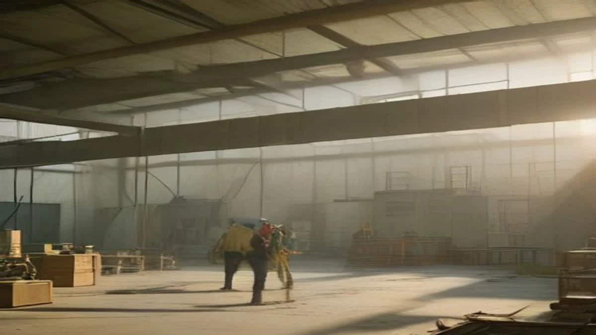 Photograph: wide establishing shot of a factory production line with machinery and a worker in a hard hat checking output, soft morning light